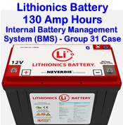 130 Amp hour Lithionics lithium ion batteries for all makes RV, solar applications, industrial projects and more...